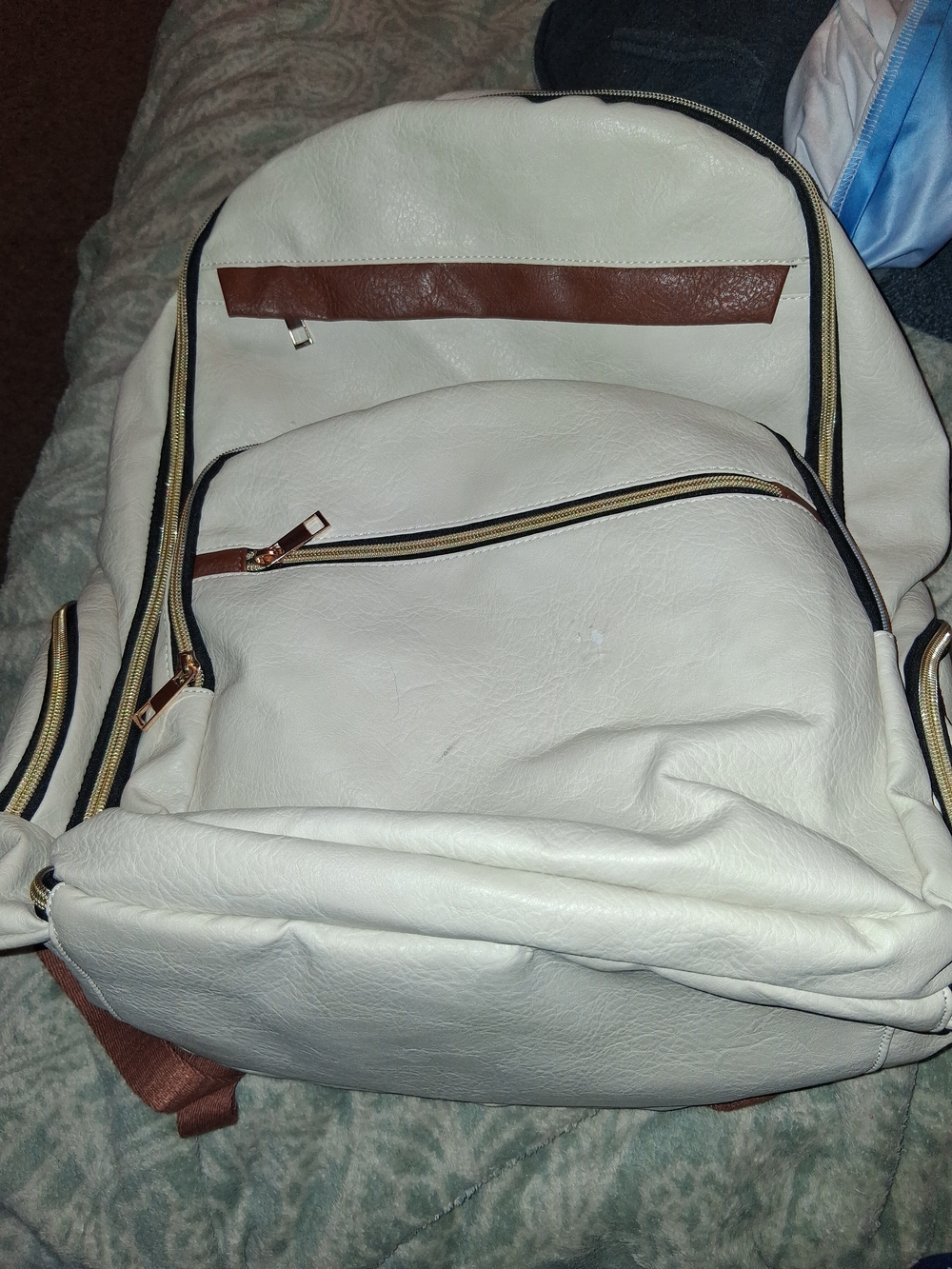 White Faux Leather Travel Backpack with Brown Accents